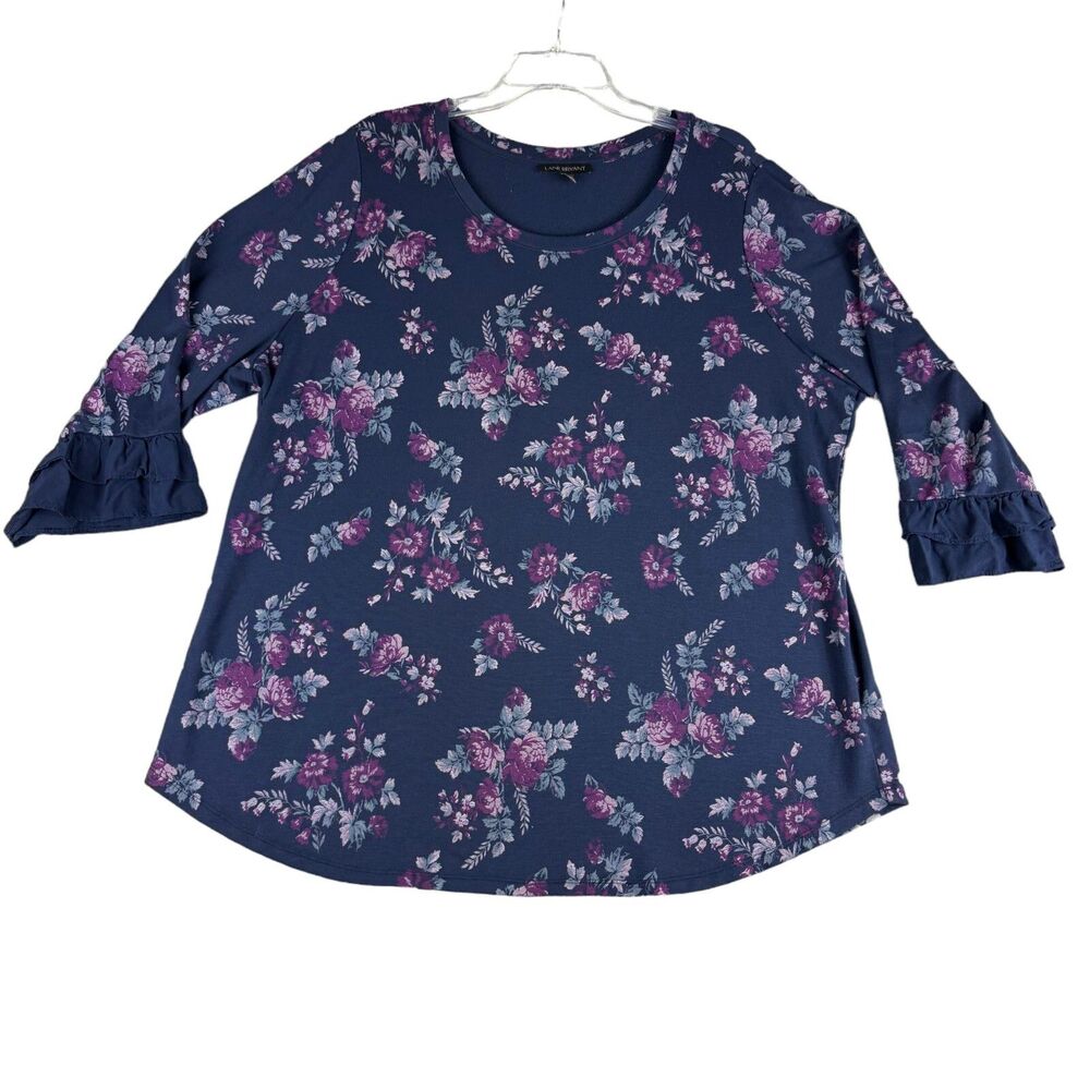 Lane Bryant Top Womens 18/20 Purple Blue Long Sleeve Floral Stretch Blouse Shirt
